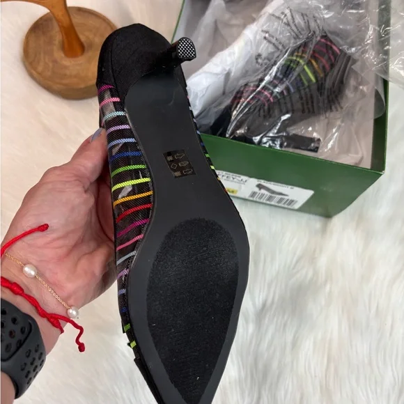 NWT Anthropologie Black Heels with Multicolor Stripes - Picture 4 of 10